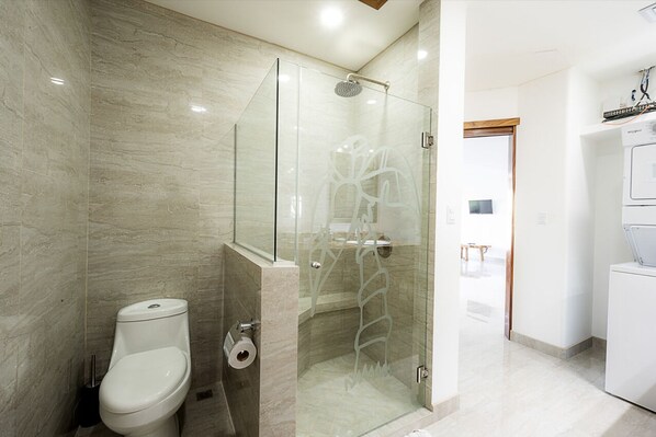 A modern bathroom with a glass-enclosed shower, a toilet, and a washing machine.