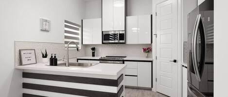 Fridge, microwave, oven, stovetop