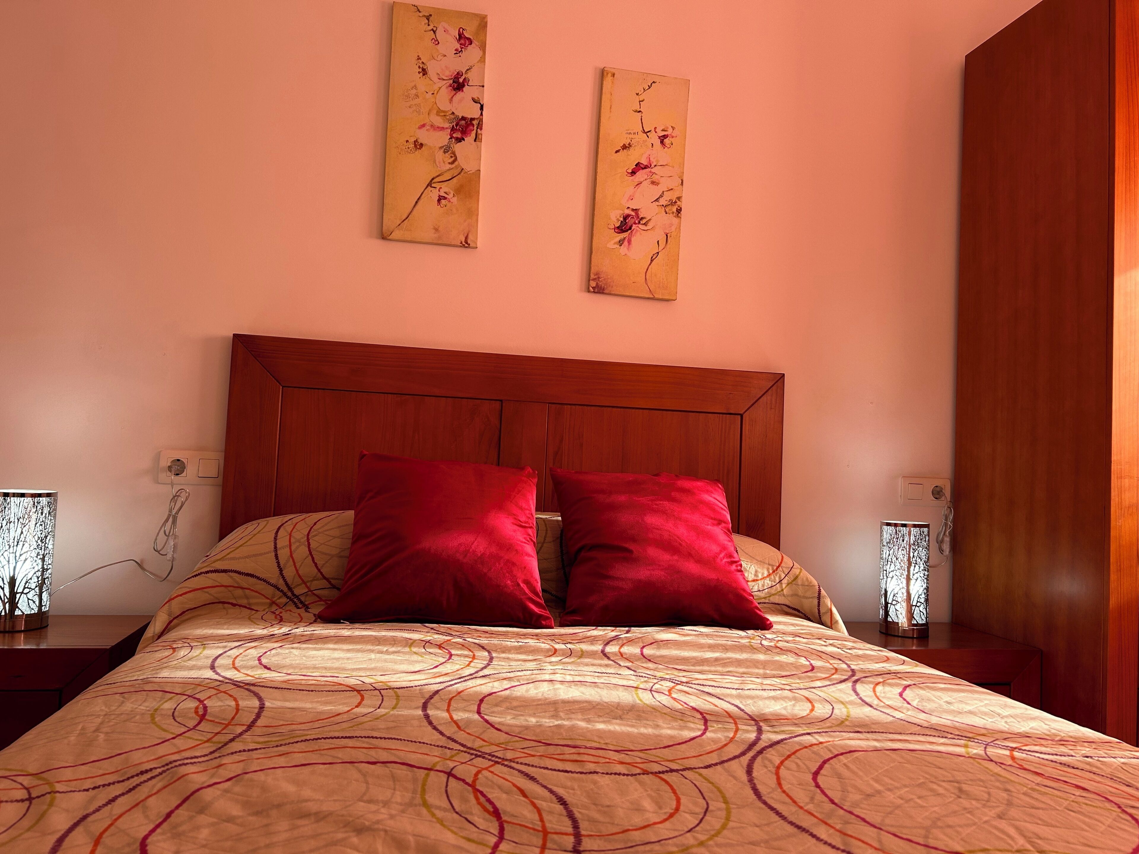 A bedroom with a wooden headboard, two red pillows, a patterned bedspread, and two wall-mounted paintings.