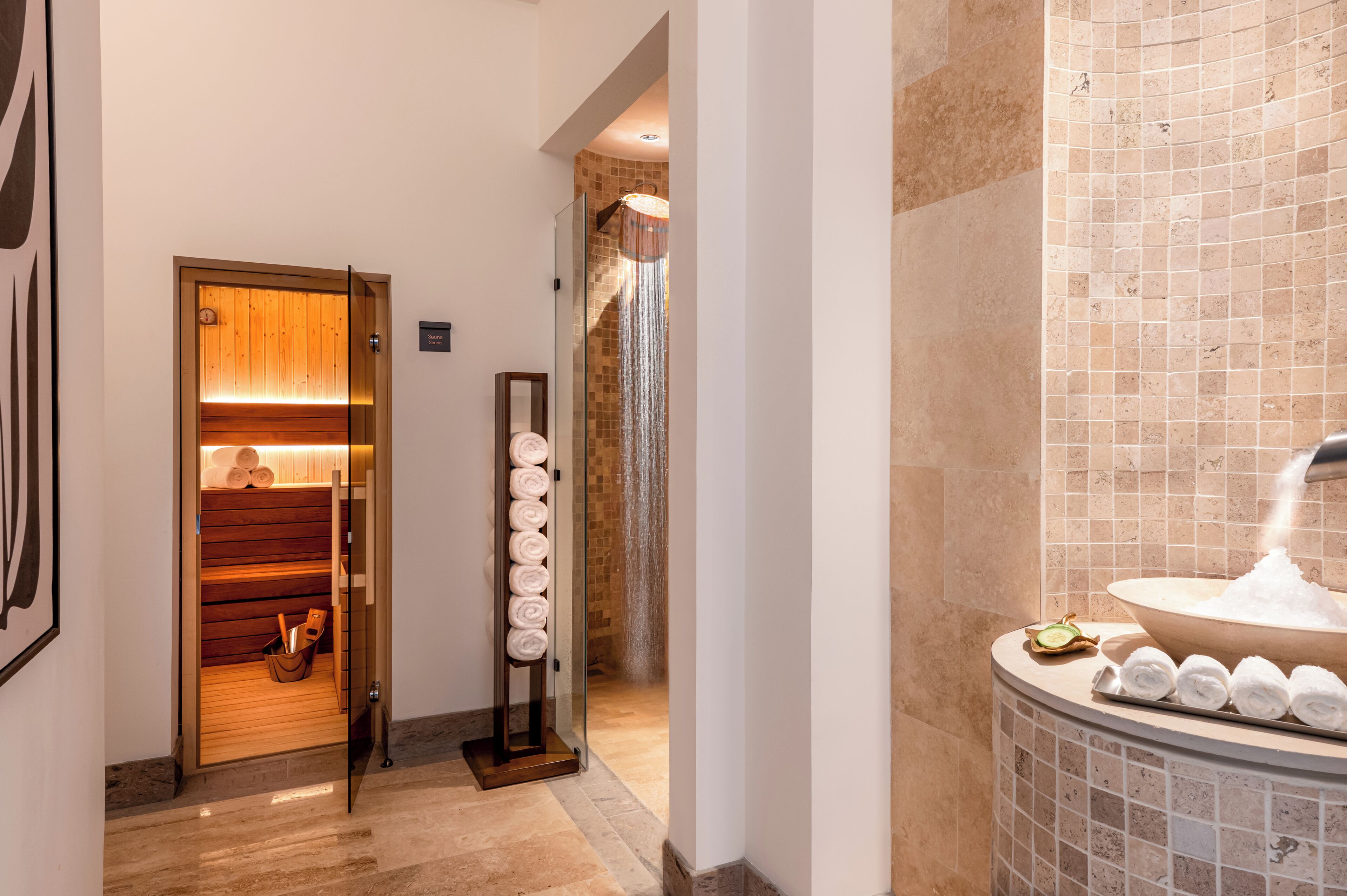 Sauna, hot tub, steam room, hot stone massages, deep-tissue massages