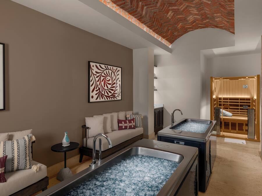 A modern spa room with a sofa, two large tubs, and a wooden sauna.