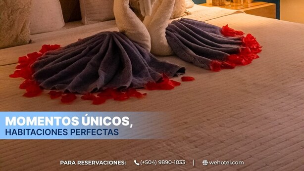 A hotel room with a bed, pillows, a headboard, a bedside table with glasses and a small plant, and a hanging light fixture. - WE Hotel - La Lima (La Lima)