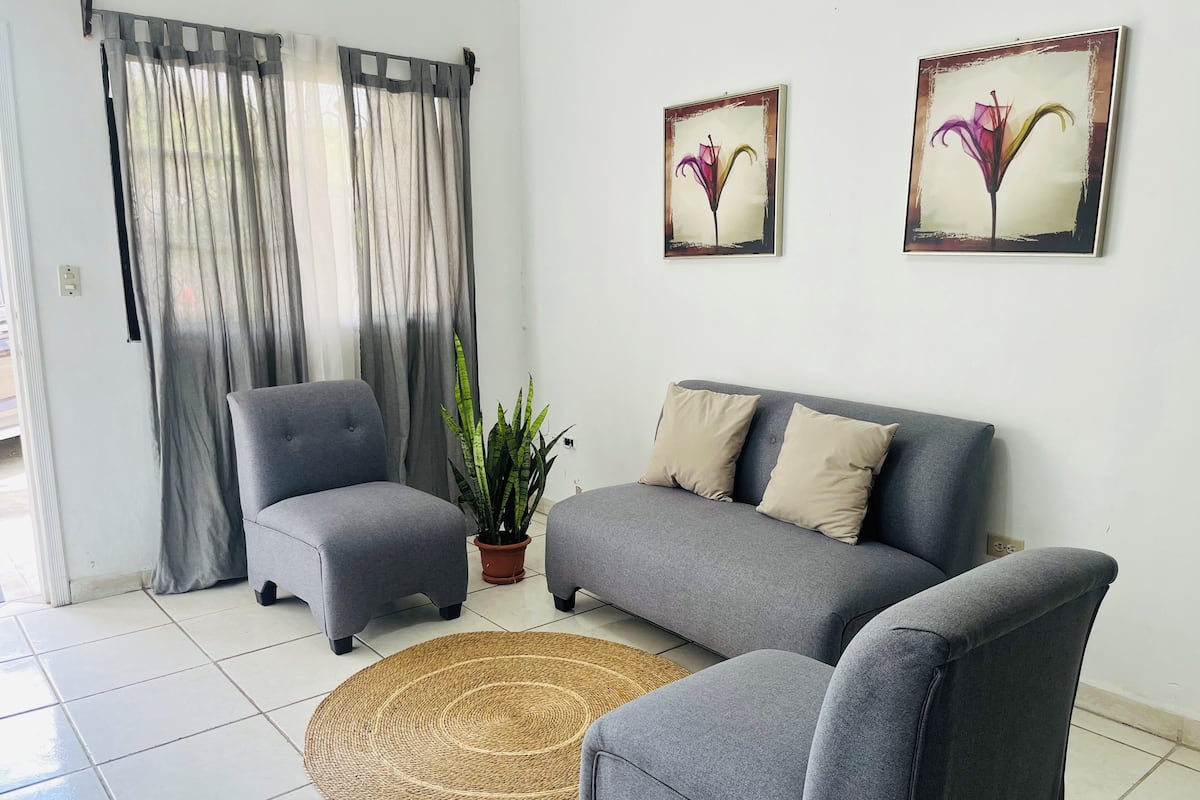 Uma sala de estar com um sofá cinzento, duas poltronas, um vaso de planta, um tapete tecido e dois quadros florais emoldurados na parede.