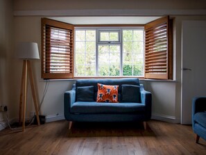 Smart-TV, peis, bøker og kontorer