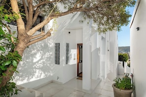 Stroll through a serene corridor lined with lush greenery and natural surroundings.