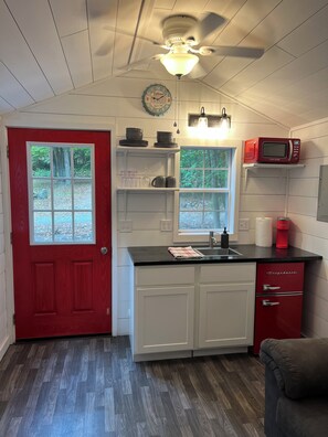 Réfrigérateur, micro-ondes, plaque de cuisson, cafetière/bouilloire