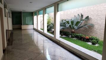 Um corredor comprido e estreito com piso polido, grandes janelas e vista para um jardim arborizado com uma palmeira.