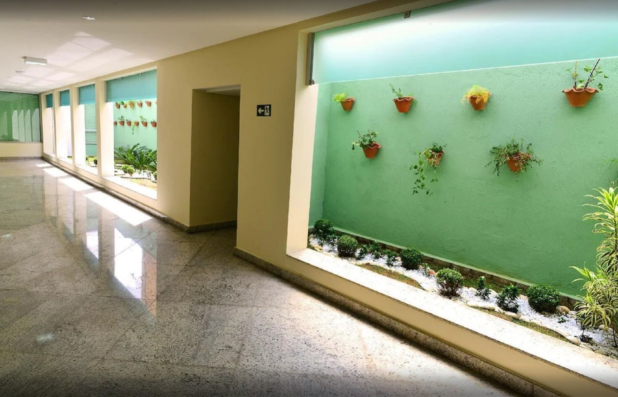 Um corredor com paredes verdes, plantas em vasos e chão de azulejos.
