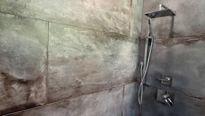 A shower area with a handheld showerhead and a wall-mounted control panel. - Luxury, 3.5 mi from VT, Private (Blacksburg)