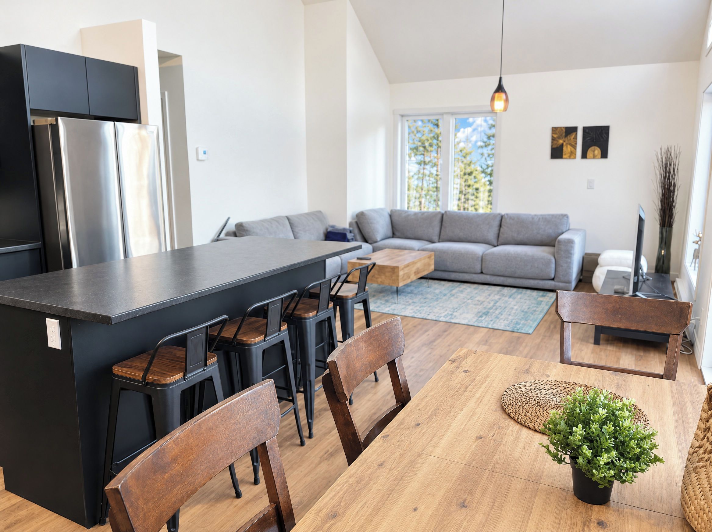 Une cuisine moderne avec un îlot central, un coin repas avec des chaises en bois, un canapé gris et une petite table agrémentée d’une plante.