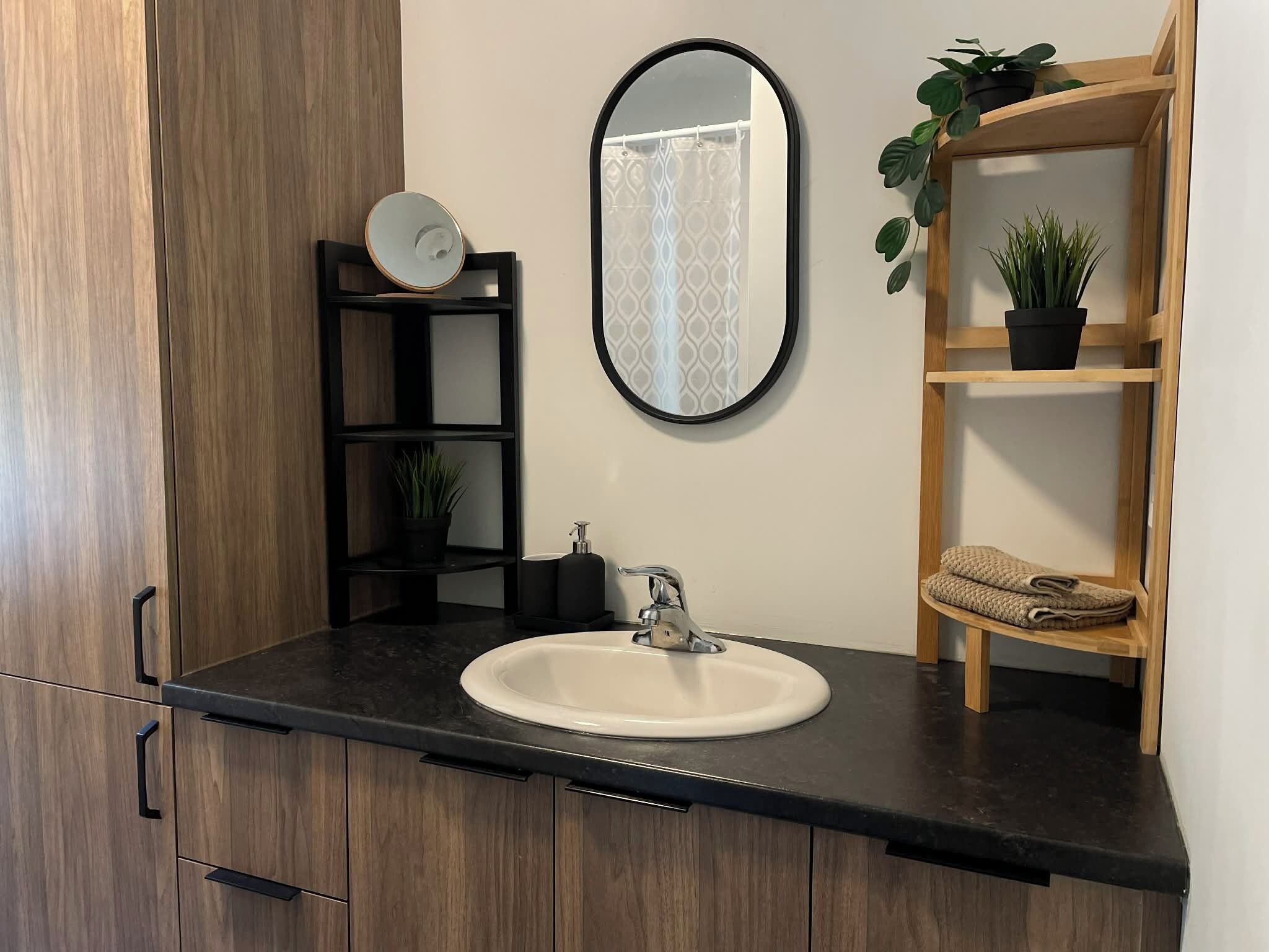 A bathroom with a white sink, a mirror, a wooden cabinet, and a shelf with plants and slippers.