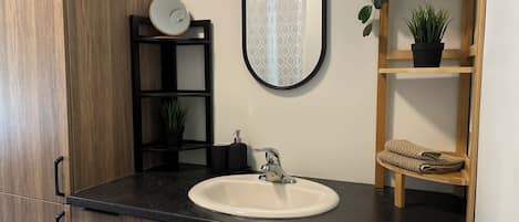 A bathroom with a white sink, a mirror, a wooden cabinet, and a shelf with plants and slippers.