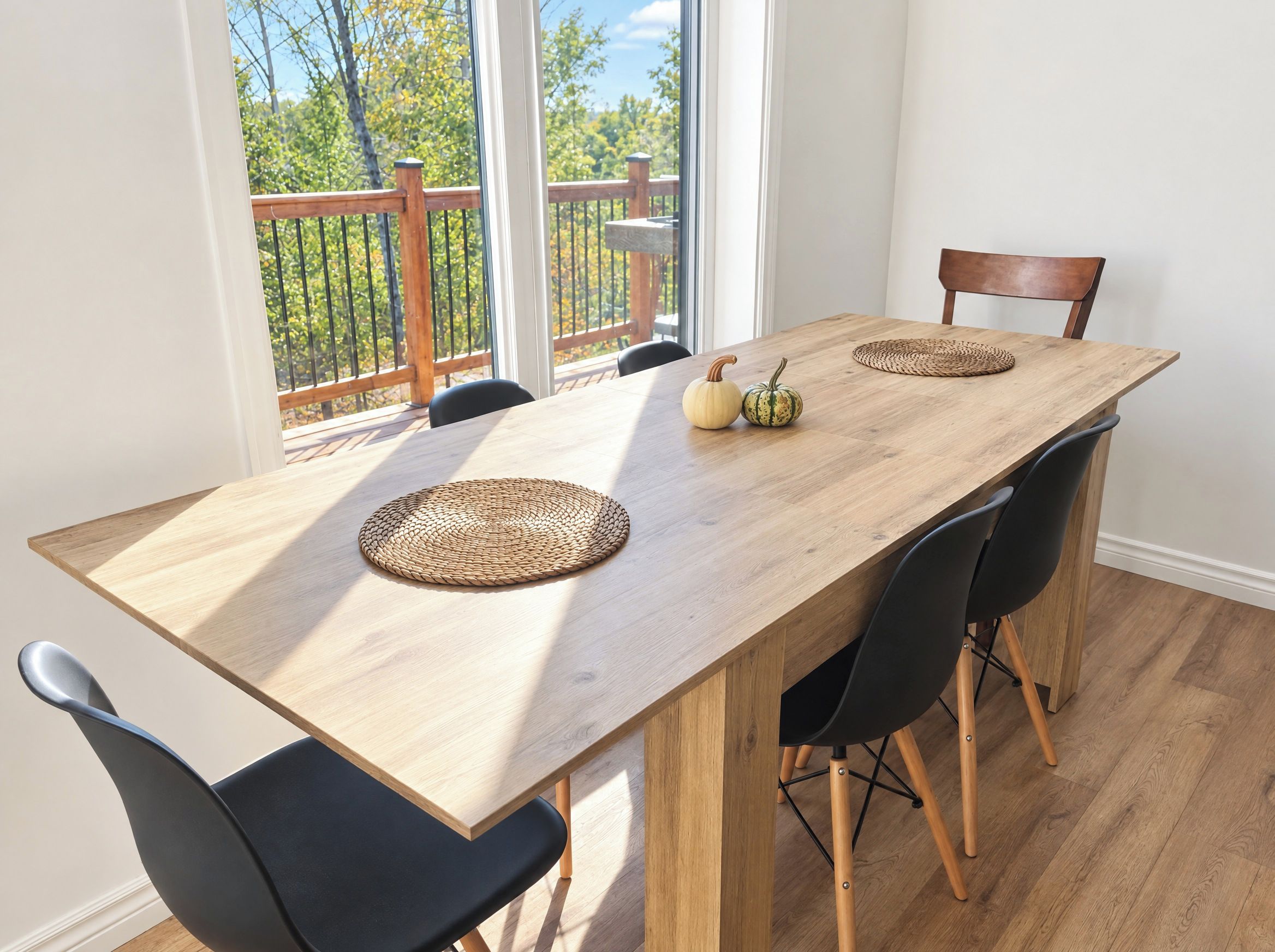 A dining table with a woven placemat, black chairs, and a view of a wooden deck and trees through large windows.
