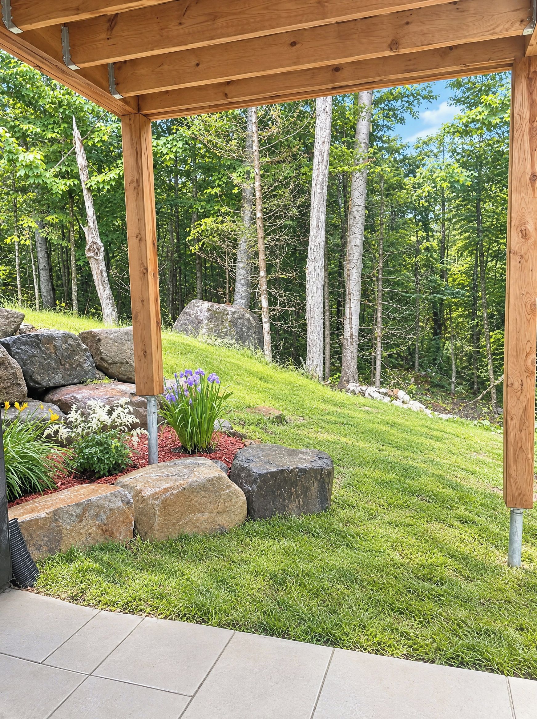 A wooden pergola structure with a stone pathway leading to a grassy area with rocks and plants.