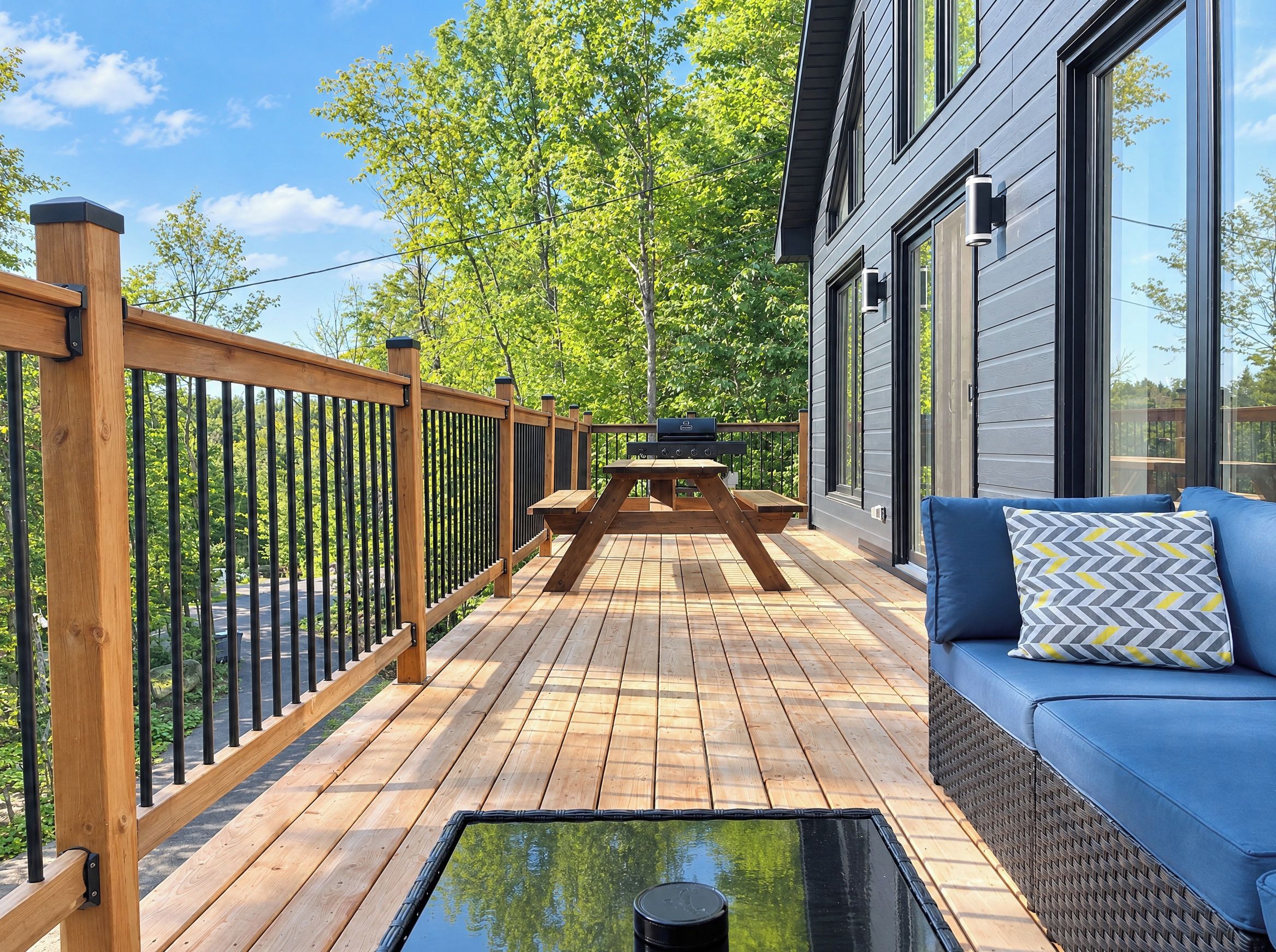 A wooden deck with a table and a sofa, a grill, and a railing.