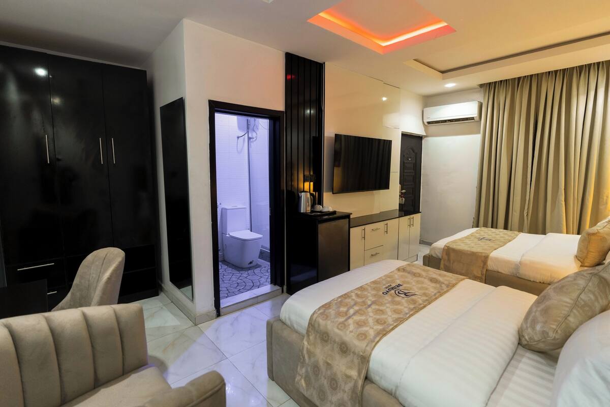 In-room safe, desk, laptop workspace, blackout curtains