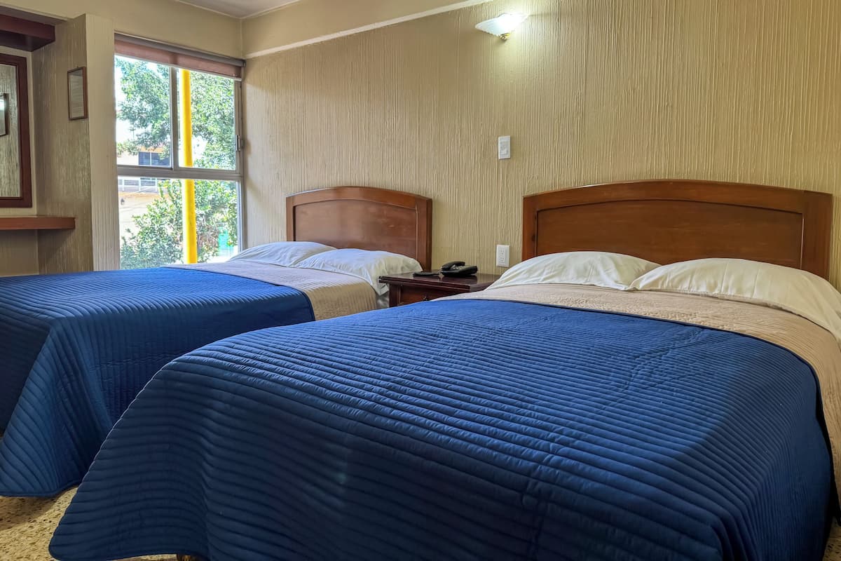 A hotel room with two beds, each with a wooden headboard and blue bedding. There is a window providing natural light and a view of greenery outside.