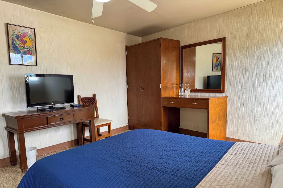 A hotel room with a bed, a desk with a TV, a wardrobe, and a mirror.
