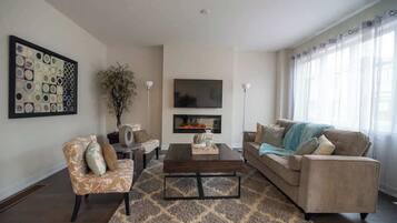 Télévision, cheminée, espaces bureaux