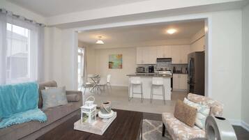 Télévision, cheminée, espaces bureaux