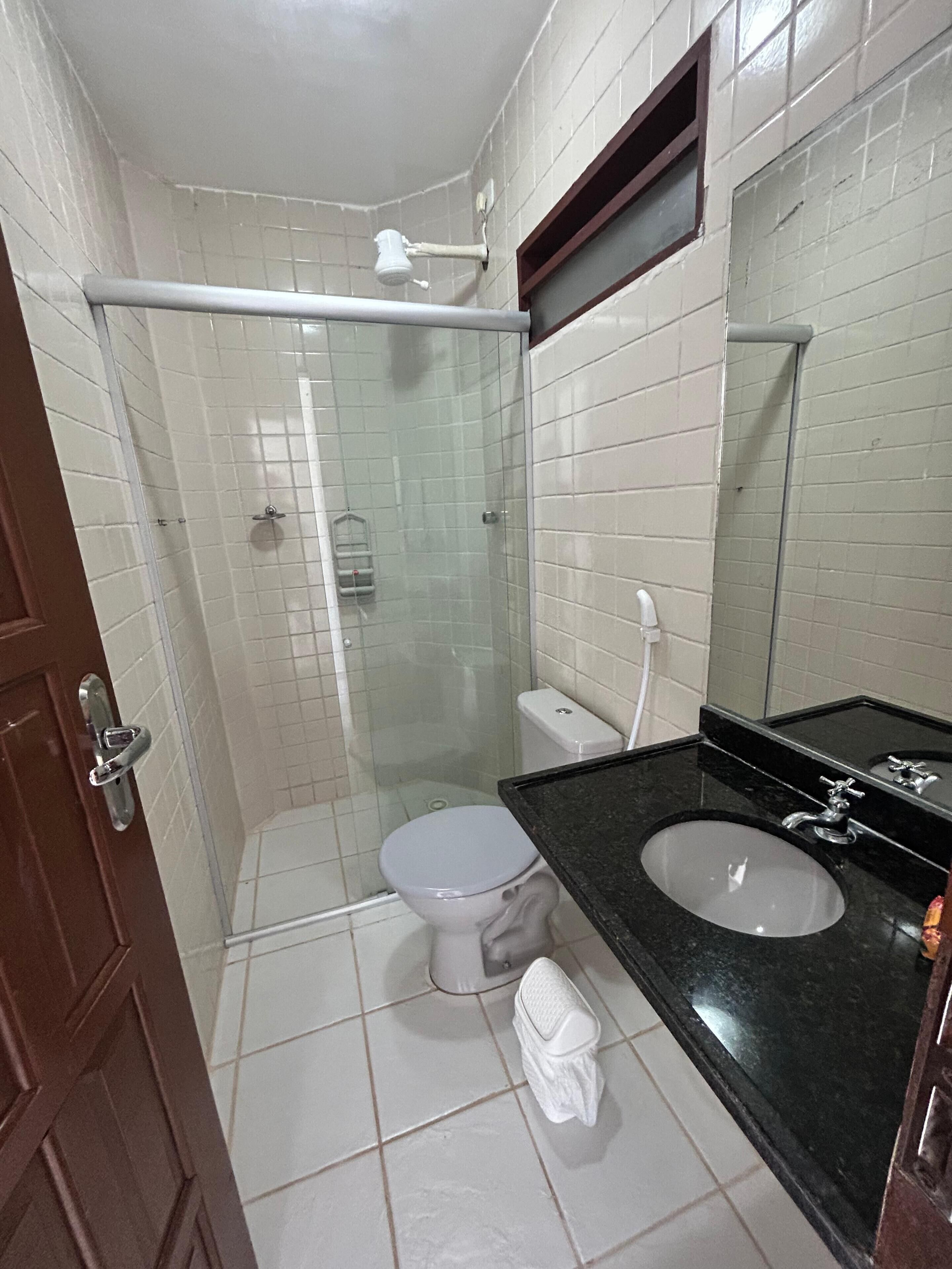 A bathroom with a glass-enclosed shower, a toilet, a sink, and a mirror.