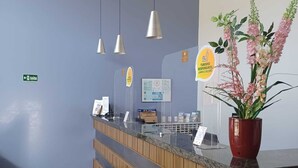 Un mostrador de recepción con pared azul, una encimera de madera y un florero rojo con flores. Hay tres lámparas colgantes sobre el mostrador.