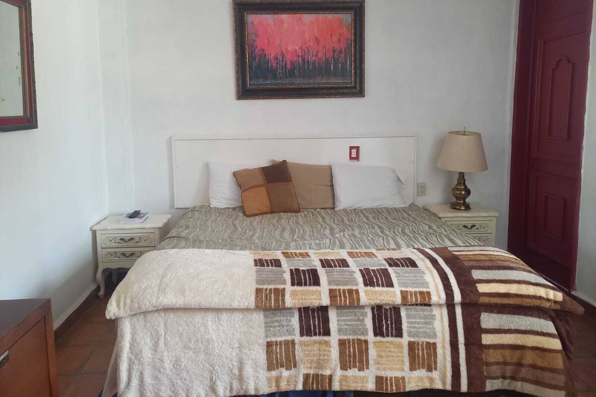 Una cama bien hecha con colcha estampada, una lámpara de noche y un cuadro en la pared.