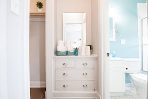 Hair dryer, towels, toilet paper