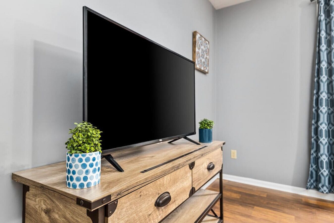 Un téléviseur à écran plat posé sur un meuble télé en bois, avec deux plantes en pot.