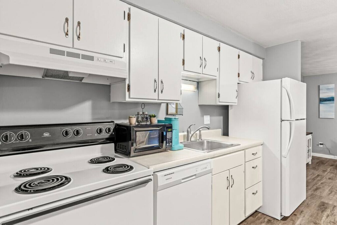 Réfrigérateur, micro-ondes, four, plaque de cuisson