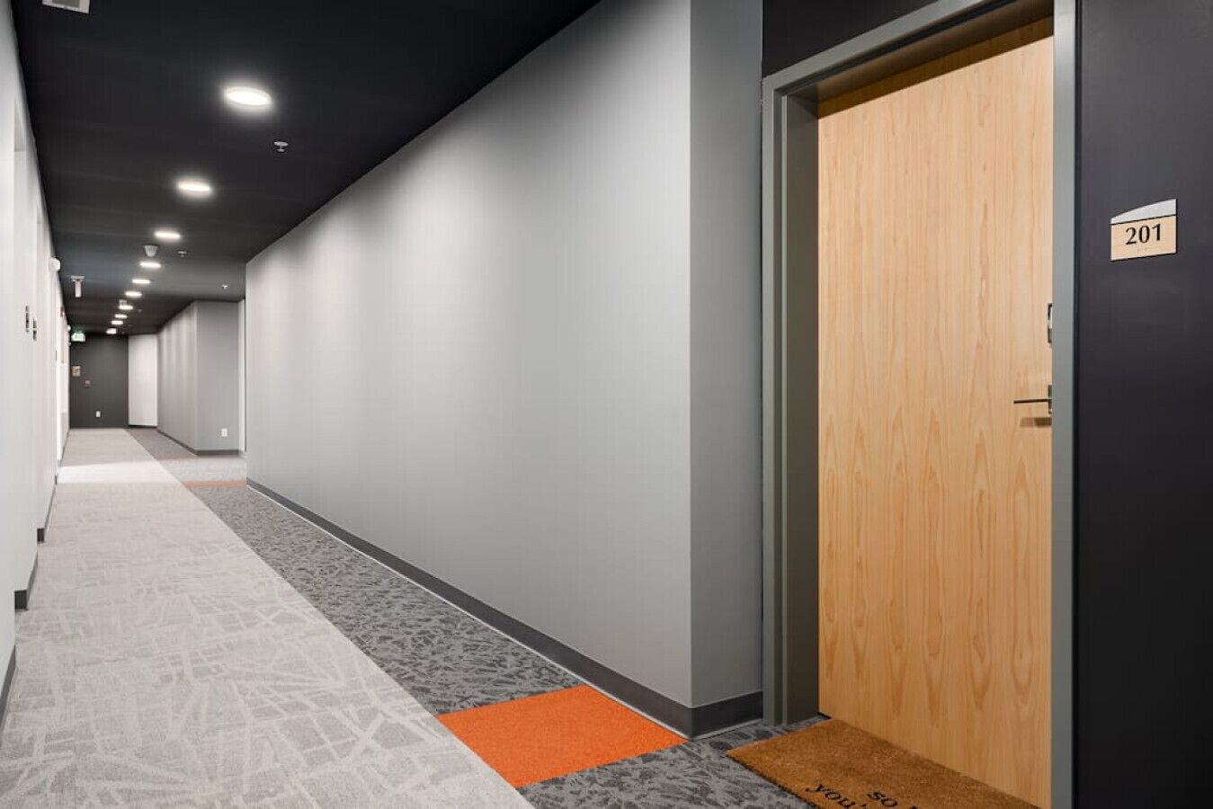 Un couloir doté d’un sol recouvert de moquette, d’une porte en bois portant l’inscription « 201 » et d’un mur gris.