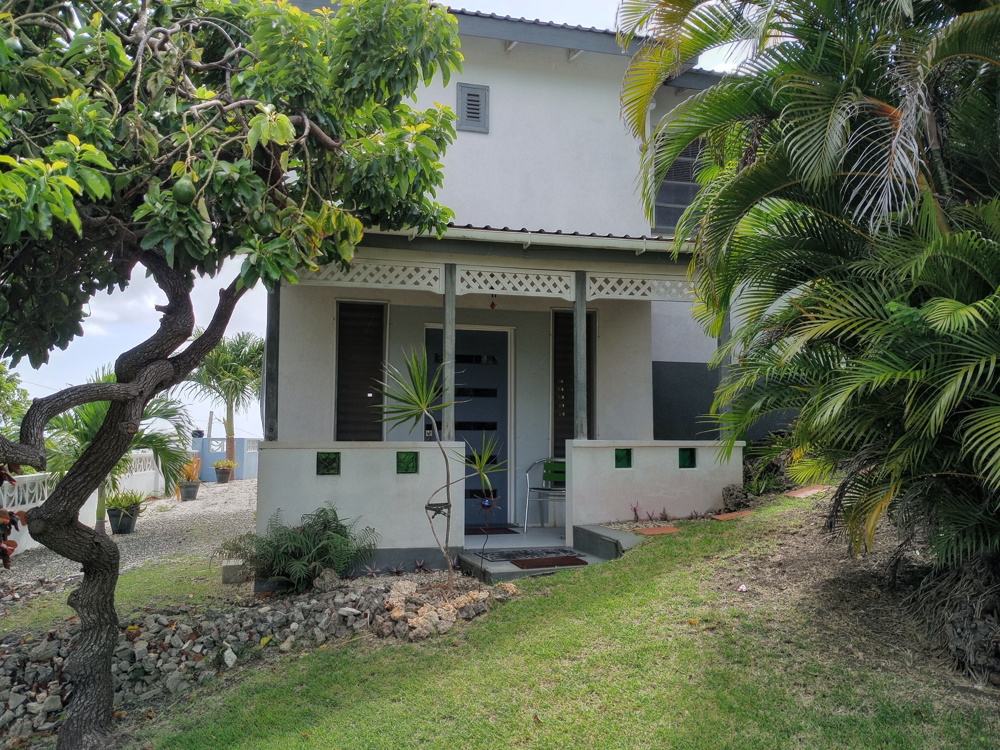 Une maison moderne dotée d’un porche abrité, d’un chemin en pierre et d’une variété de plantes tropicales.