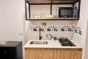 Apartamento | Cocina privada | Frigorífico pequeño, microondas, congelador y papel de cocina