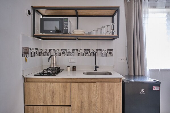 Apartamento | Cozinha privada | Frigobar, micro-ondas, freezer, toalhas de papel