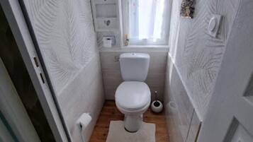 A small, compact bathroom with a white toilet, a wooden floor, and a window with a curtain.