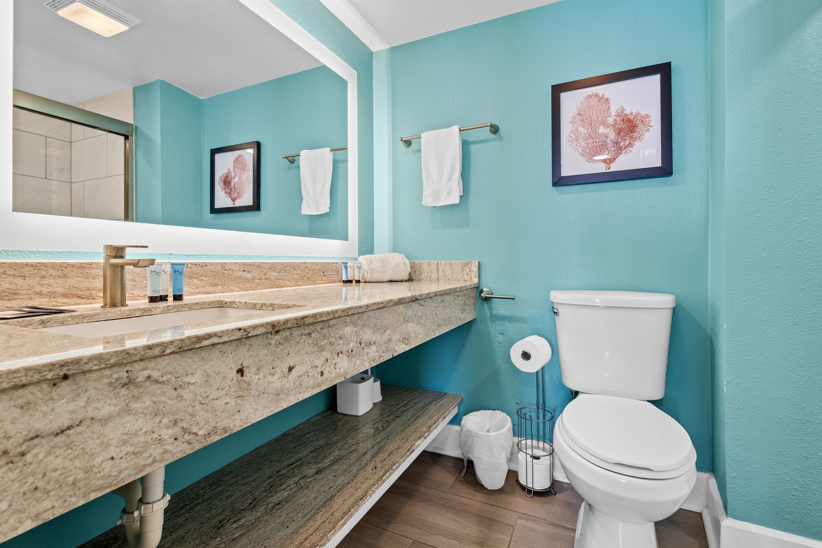 A bathroom with a turquoise wall, a white toilet, a sink with a marble countertop, and a framed picture on the wall.