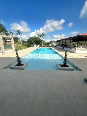 A rectangular swimming pool with a tiled deck, surrounded by a low wall and two potted plants.