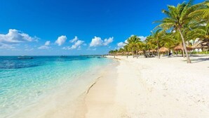 Una playa con aguas turquesas cristalinas, arena blanca y palmeras.