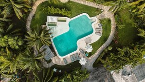 Vista aérea de un complejo turístico con una piscina central, rodeado de palmeras y un camino de piedra.