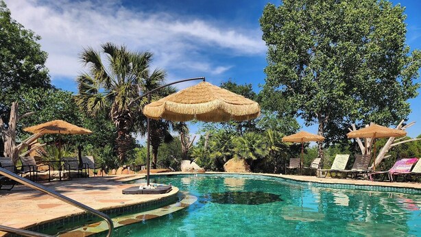 A clear blue pool with lounge chairs and thatched umbrellas.