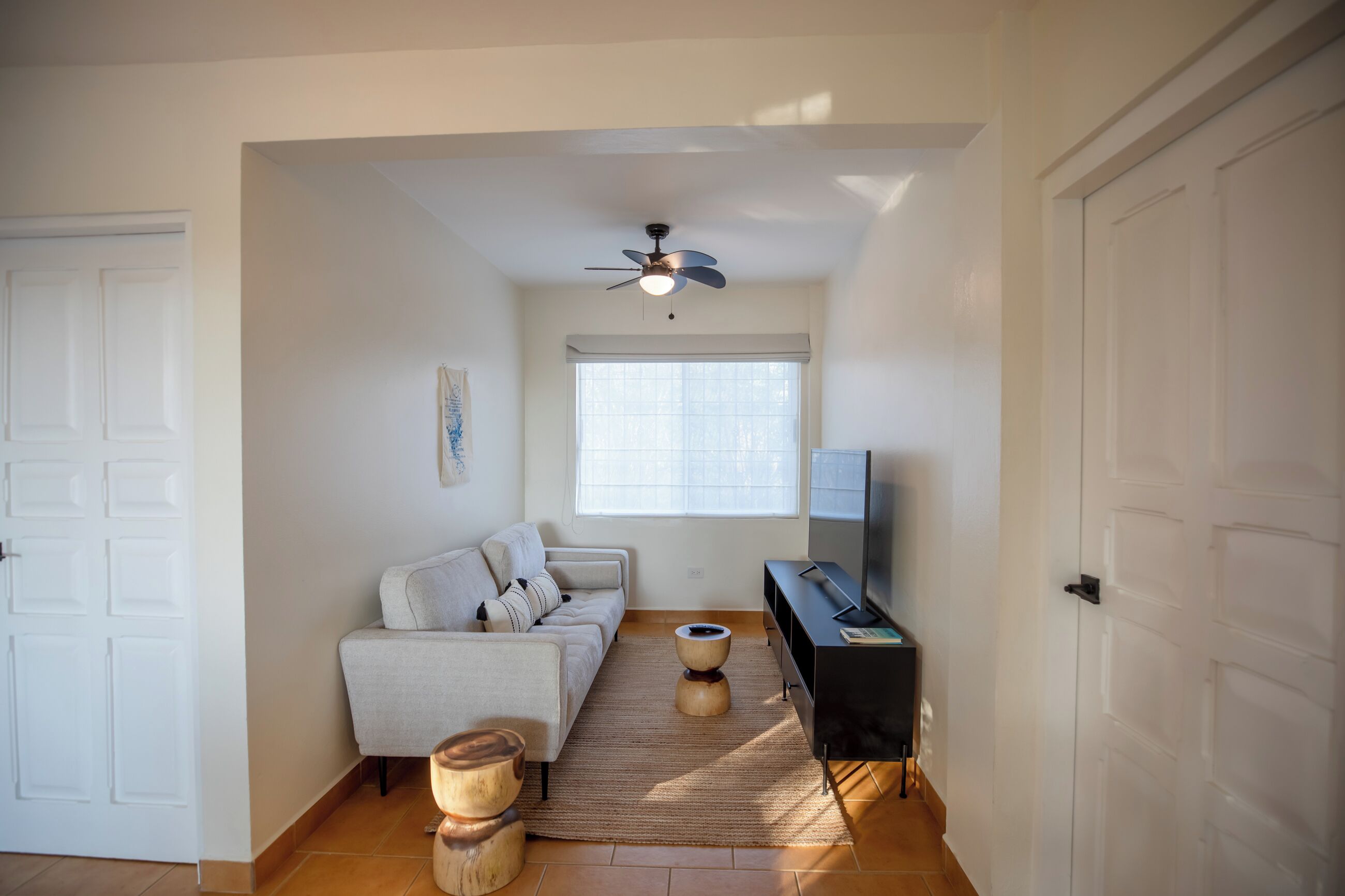 Un salon avec un canapé, une table basse, un téléviseur et un ventilateur de plafond.