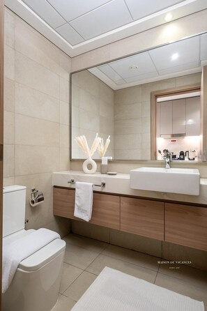 Apartment | Bathroom | Separate tub and shower, deep soaking tub, hair dryer, towels