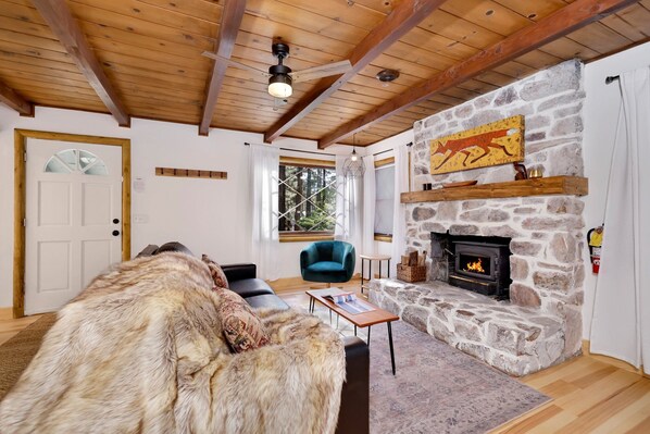 Chalet rustique, 1 grand lit et 1 canapé-lit, baignoire à remous, vue sur la montagne (2035) | Aire de séjour | Foyer