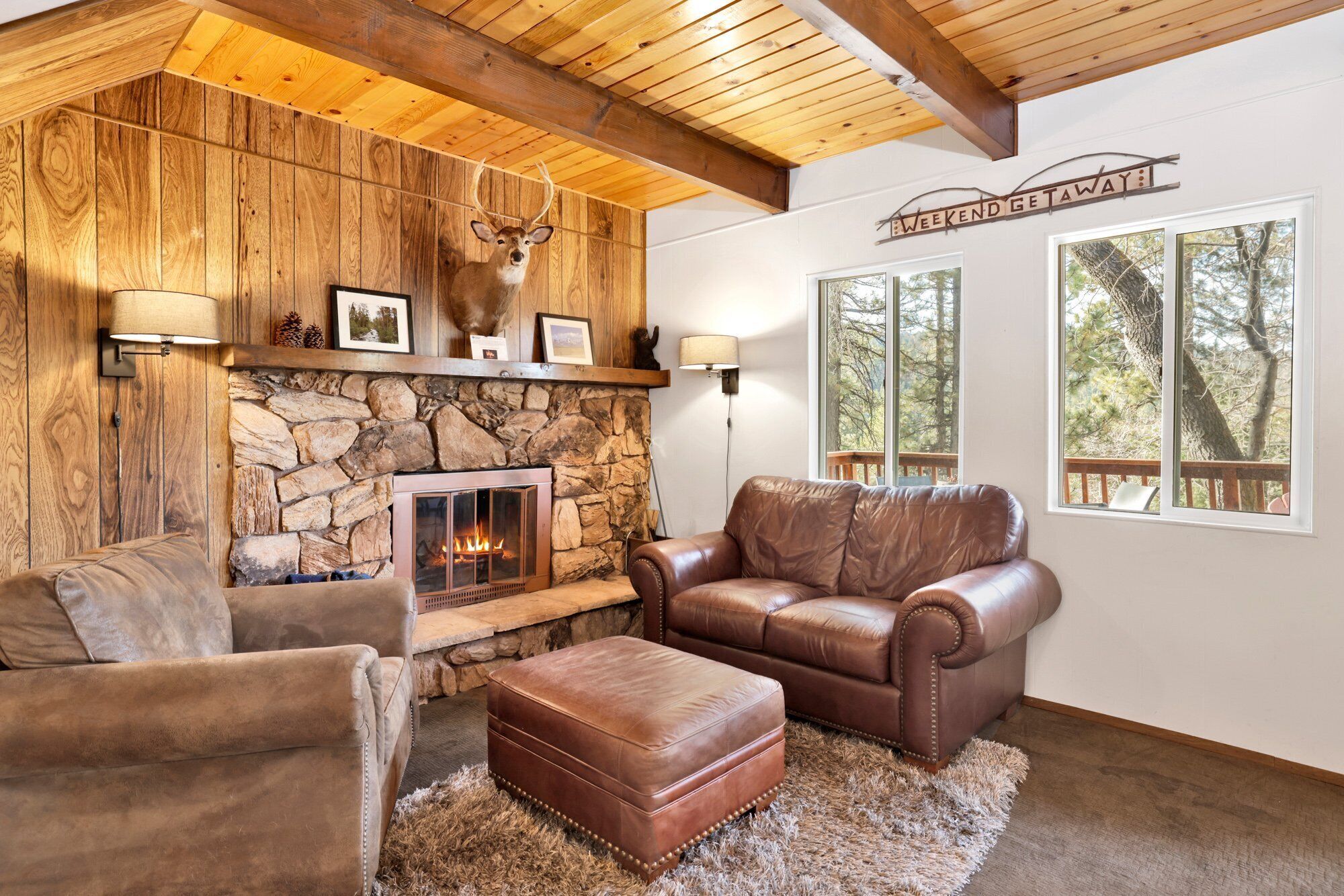 小屋, 多张床, 露台, 山景 (1983) | 起居区 | 壁炉