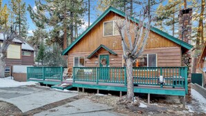 Une cabane en bois avec un porche vert, entourée d’arbres et sous un ciel dégagé.