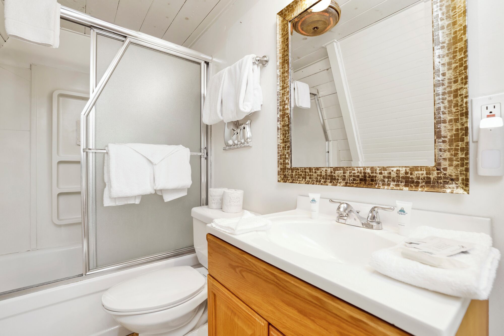 A modern bathroom with a glass shower enclosure, a white toilet, and a vanity with a large mirror and a gold-framed mirror above it.