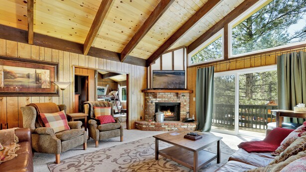 A cozy living room with wooden walls, a fireplace, and large windows overlooking a forest.