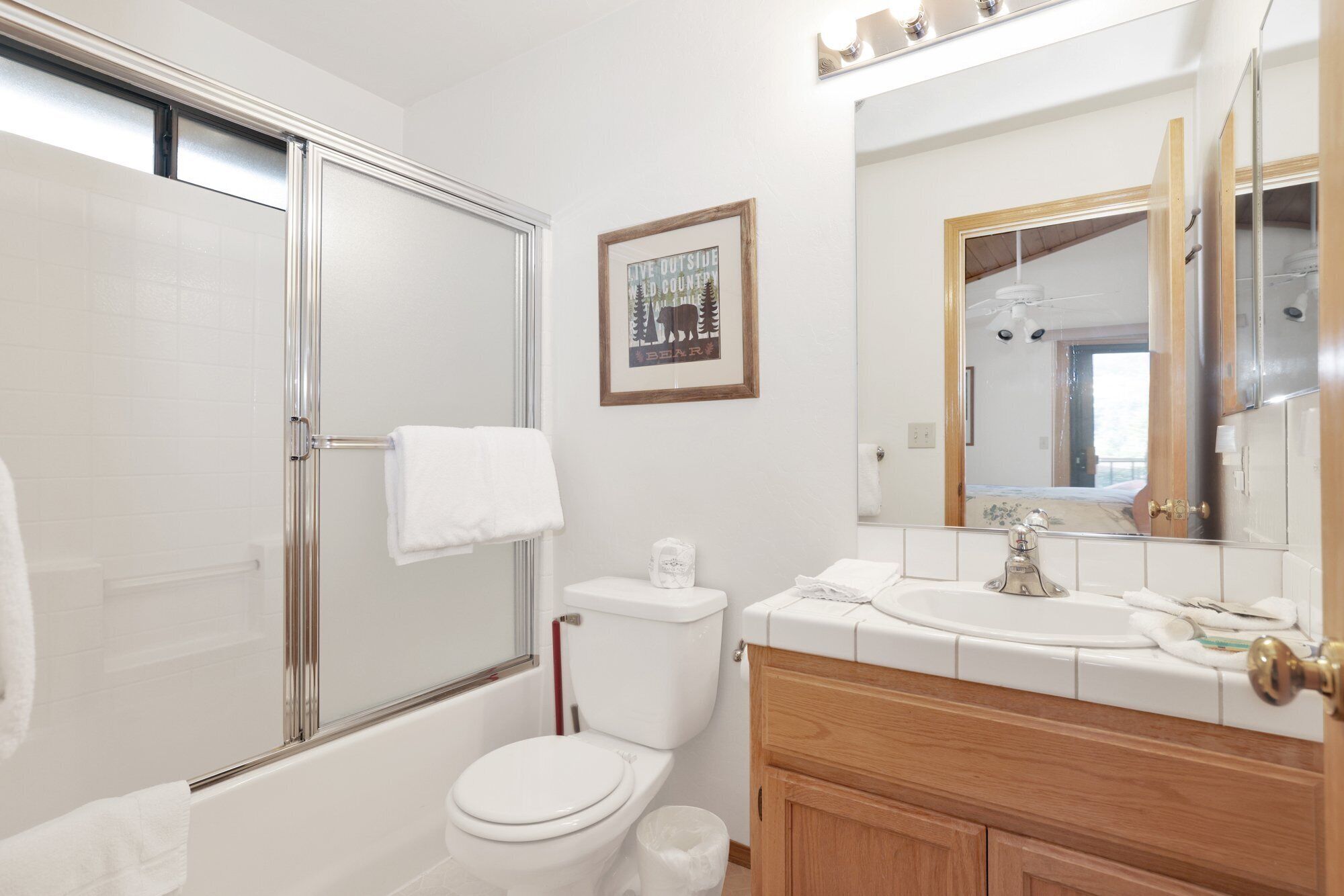 A bathroom with a glass shower enclosure, a toilet, a sink with a mirror, and a framed picture on the wall.