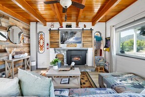 Cabin, nhiều giường, bồn tắm nước nóng, quang cảnh núi (2308) | Khu phòng khách | Lò sưởi 