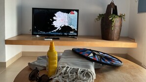 Ein Fernseher auf einem Holzboden, mit einer Karte von Alaska, einer Fernbedienung, einer Flasche, Sonnenbrillen, einem Hut und einer Pflanze.